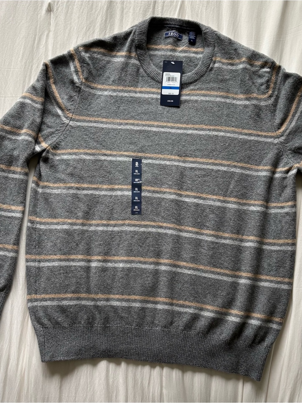 Izod Gray Crewneck Sweater with Tan and White Stripes